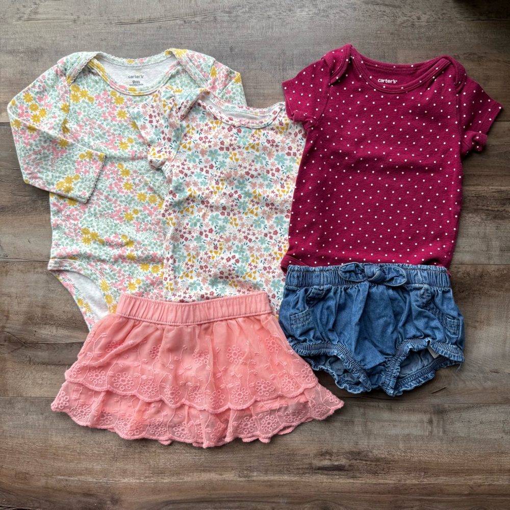 Mix & Match Bundle Ditsy Floral Pink + Yellow Baby Girl Spring Summer Clothes 9M